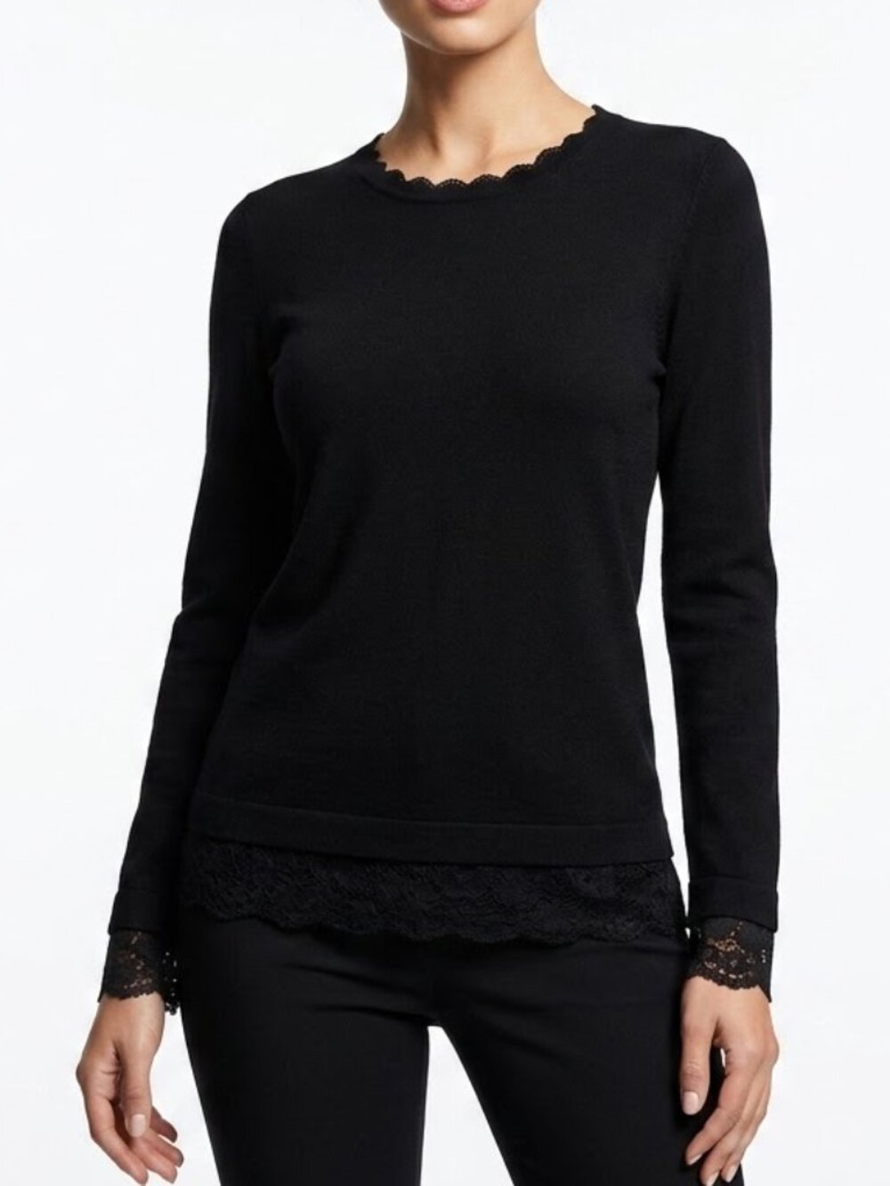 Adrianna Papell Black Sweater Lace Hem Cuffs Neckline Pullover Size L